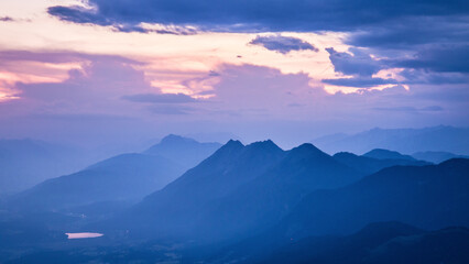 Mountain landscape in Austria during dawn with colorful sky