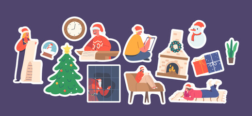 Set of Stickers Children Write Letter to Santa Claus. Little Boys and Girls Wear Red Hats Writing Wish List. Fire Place