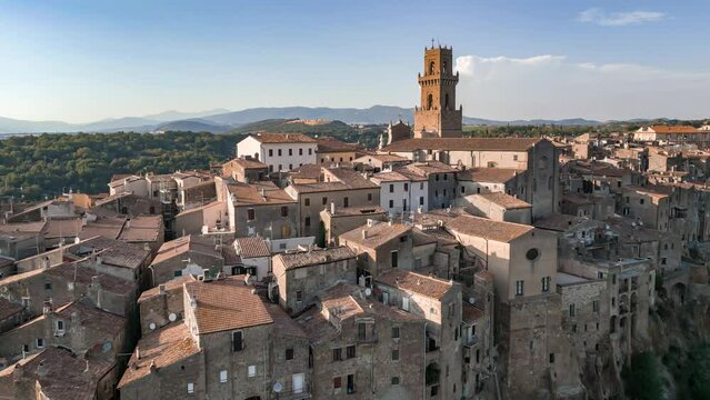 Pitigliano - ancient etruscan italian town in Tuscany in Italy. Aerial view from drone.