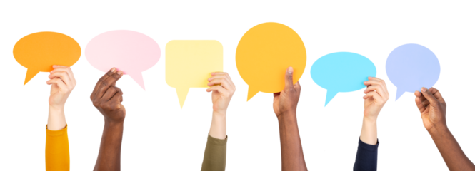 Hands holding empty speech bubbles on transparent background