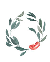 Watercolor illustration of a wreath of branches with leaves and a slice of tangerine. Isolated illustration