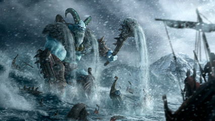 Ancient giant with a beard and horns in wooden ships armor drowns Viking drakkars in the northern sea. A huge muscular monster with a large stone hammer and fur on his shoulders rises from the water.