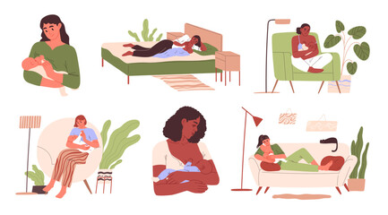 Set of women breastfeeding their babies - obrazy, fototapety, plakaty