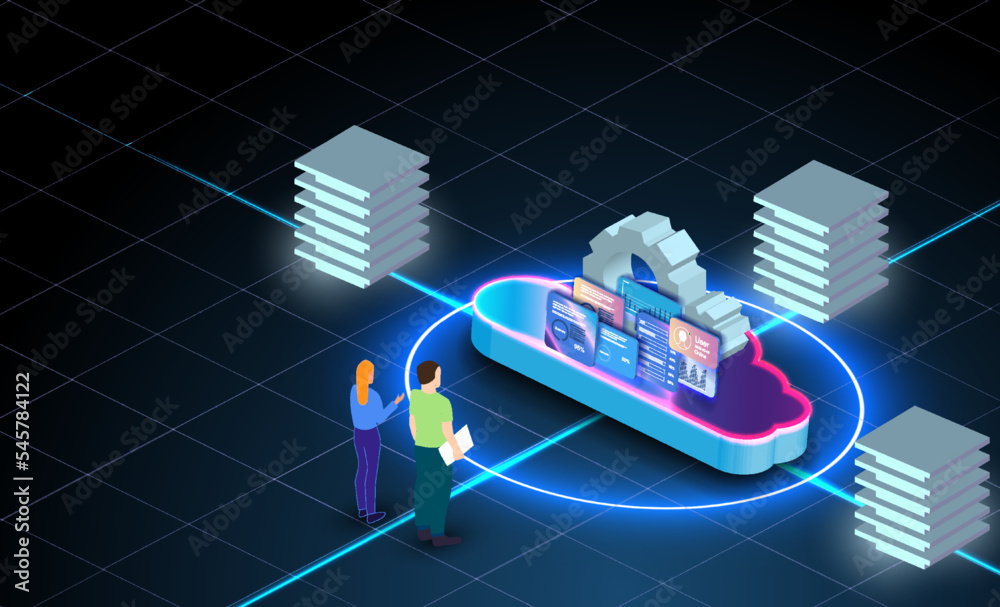 Poster network computing technologies. futuristic server. digital space. data storage. vector illustration 
