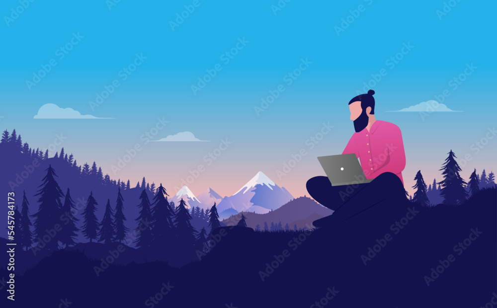 Poster work freedom - person working on computer anywhere remotely, sitting in nature landscape typing and 