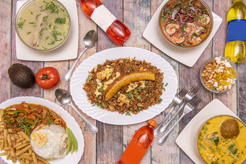 Ecuadorian food recipes, with chicken broth, homemade fries, field dish, ball broth and chaufafan rice