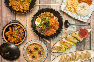 Dishes with great recipes of Asian food, noodles with beef and oyster sauce, Vietnamese rolls, noodles with vegetables, chicken rameno, vegetable tempura and fried gyozas