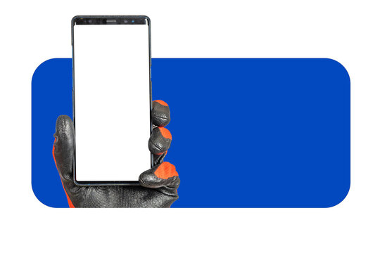 Phone template. Smartphone in workers hand. Phone blank screen. Hand in builders gloves shows phone screen. Place for app for builders concept. Copy space. Construction business advertising template