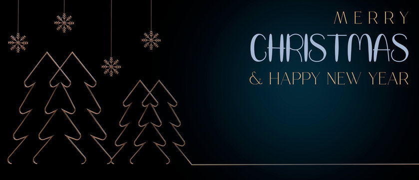 Merry christmas and happy new year greeting card. Christmas trees in one line on a dark background. 3D render