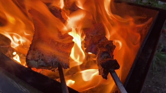 Grilled meat and lard on a skewer on fire. Cooking salo on the grill. Smoky flavor that grilling gives to food. Traditional pork Lard, Bacon in an open grill. Hunger ,crisis, war, survival. 