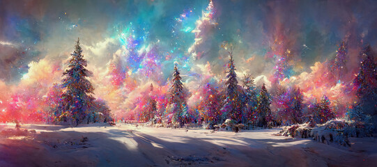 illustration of a beautiful christmas winter landscape with decorated christmas trees, digital art
