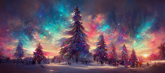 illustration of a beautiful christmas winter landscape with christmas trees and colorful sky, digital art