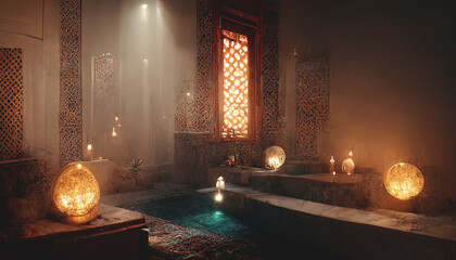 Ancient interior Turkish bath, frescoes on the walls, baths, oriental lanterns. Fantasy Turkish palace interior.  - obrazy, fototapety, plakaty