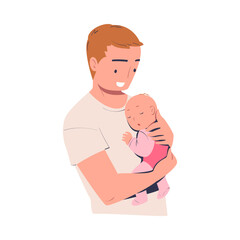 Happy dad hugging his baby with tenderness. Parent embracing newborn baby expressing love and care cartoon vector illustration
