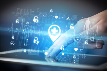 Close-up of a touchscreen with healthcare icons