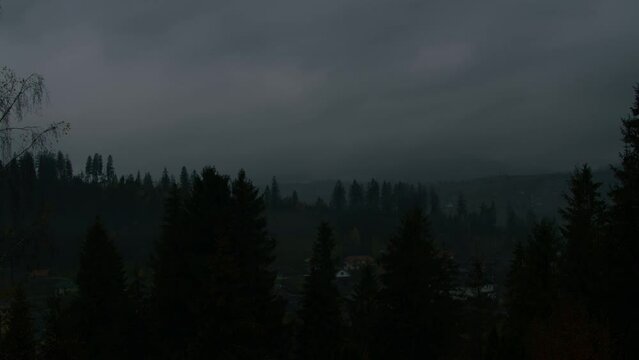 autumn carpathians, slavske, western ukraine, timelapse in the mountains, clouds and fog fly by quickly.