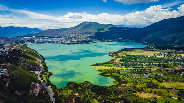 Aerial view of Yawarkucha Lake near Ibarra, Ecuador, South America