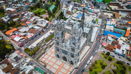 Aerial drone view of Quito Ecuador Basilica of the National Vow (Basílica del Voto Nacional)