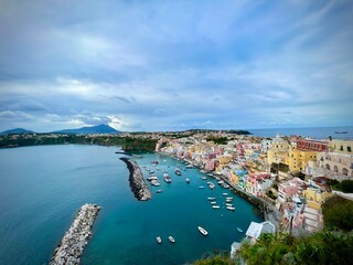view of the port country. View of the Corricella neighbourhood. Island of Procida. Colourful houses facing the sea. Old fishermen's houses. Campania. Italy