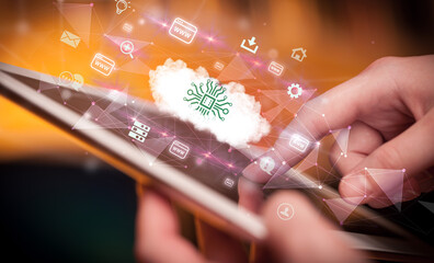 Close-up of a touchscreen with technology icons