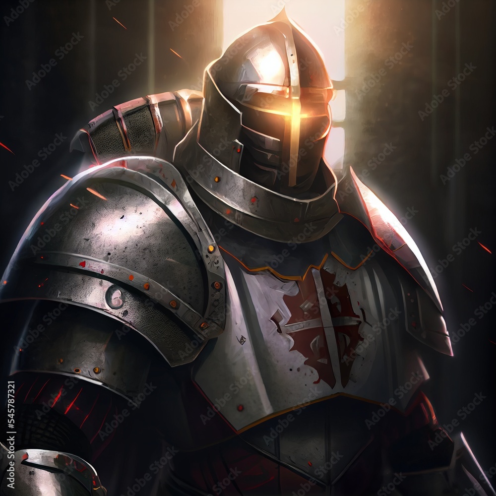 Wall mural Medieval Templar Knight from the future in full armor. 3D video game character design. - Wall murals