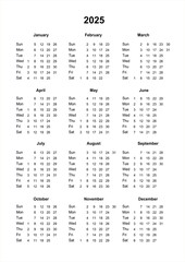 Calendar 2025. Printable calendar for 2025. Sunday start. Minimalist style