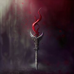 Silver and crimsom red trident sword, medieval fantasy style item 3d object design. - obrazy, fototapety, plakaty
