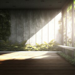 Empty old wood plank wall 3d render,There are concrete floor,Behide the backdrop is a tropical garden,sunlight shine into the room.