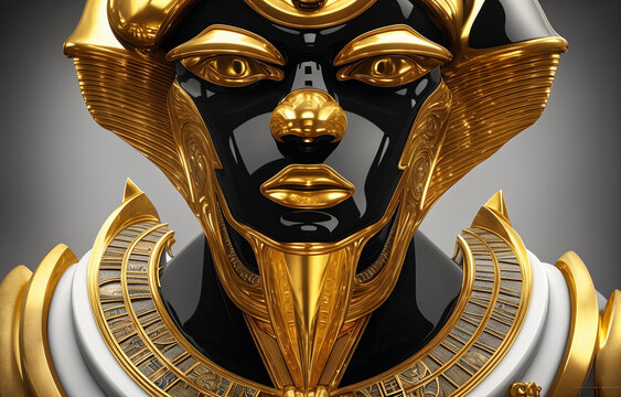 Closeup Of Ancient Gold And Black Egyptian Mask With A Gold Headpiece On A Gray Background