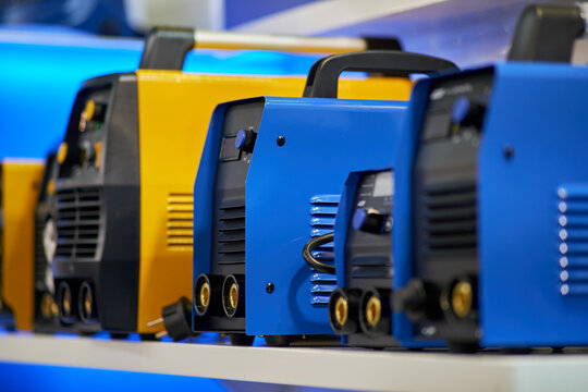 Welding machines on the shelf of the store. Sale of welding equipment in the market.