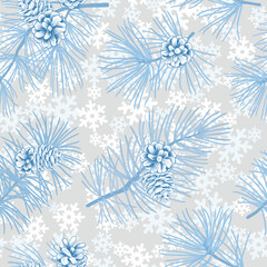 Seamless winter floral pattern with evergreen cone and snowflakes. Christmas texture. Snow forest background.