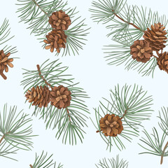 Christmas holiday seamless floral pattern with spruce, pine and cones. Winter evergreen christmas tree branches background in hand-drawn art style. Vector illustration.