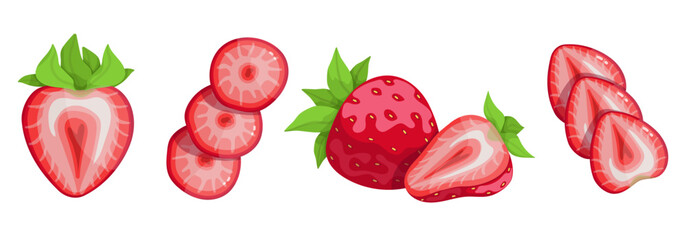 Set of strawberries and slices of ripe summer berries.Vector graphics.