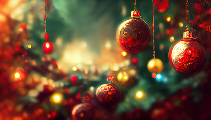 Christmas tree with toys. Fragment decorated. 3d rendering