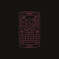 Poster with a retro phone. Cute and stylish mobile phone with buttons. Old-fashioned model from 2000s. Vintage electronics concept. Line art, editable stroke. Vector illustration.