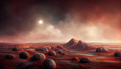 Landschap op de planeet Mars, oppervlak is een schilderachtige woestijn op de rode planeet. Achtergrond van ruimtespel, omslag, poster met rode aarde, bergen, sterren, 3D-illustraties