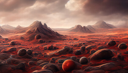 Landscape on the planet Mars, surface is a picturesque desert on red planet. Background of space game, cover, poster with red earth, mountains, stars, 3d artwork