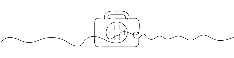 Continuous line drawing of first aid kit. Line art of first aid kit. One line drawing background. Vector illustration. - obrazy, fototapety, plakaty