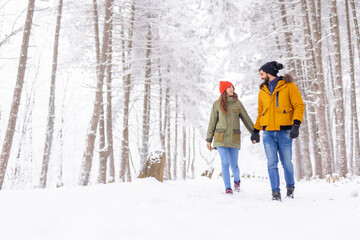 Fototapeta na wymiar Couple taking a walk in the snow