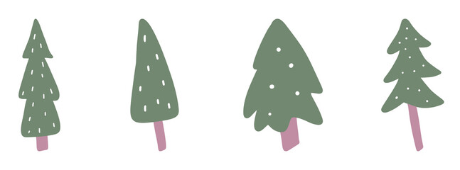 Christmas tree icon. Set of cute fir tree icons on white background. Vector illustration. Holiday hand drawn icons