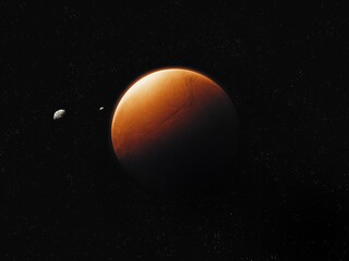 Mars on the background of stars. Red planet in space, desert planet with two asteroids.