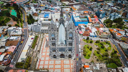 aerial drone view of Quito Ecuador Basilica of the National Vow (Basílica del Voto Nacional)