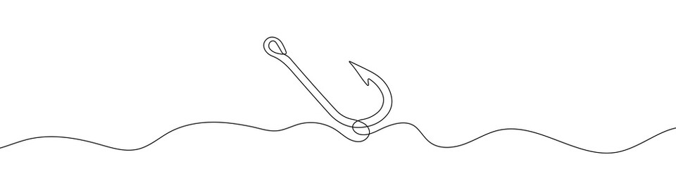 Continuous line drawing of fishing hook. One line icon of fishing hook. One line drawing background. Vector illustration. Line art of fishing hook