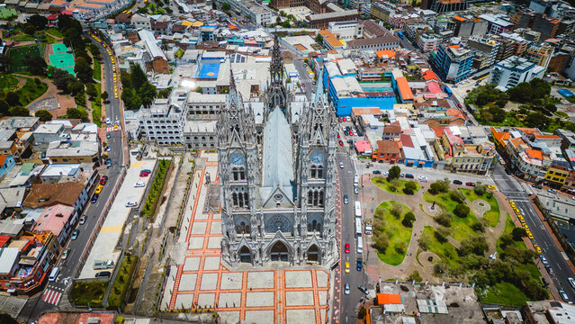 aerial drone view of Quito Ecuador Basilica of the National Vow (Basílica del Voto Nacional)