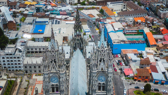 Quito Ecuador Basilica of the National Vow (Basílica del Voto Nacional) aerial view drone photography 
