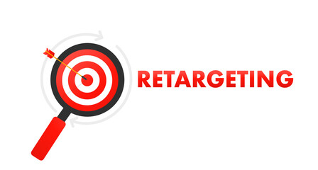 retargeting, digital marketing concept with magnifying glass and target on white isolated background. Vector illustration