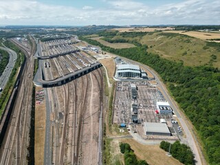 Eurotunnel Folkestone Terminal Channel tunnel UK drone aerial view..