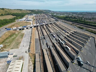 Eurotunnel Folkestone Terminal Channel tunnel UK drone aerial view..