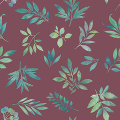 Branches and leaves painted in watercolor, collected in a seamless pattern.