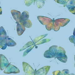 Seamless watercolor pattern, abstract botanical background, bright butterflies for design, wallpapers, invitations.